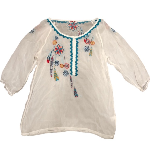 Johnny Was Tops - Johnny Was white sheer embroidered blouse button dream catcher dandelion feather